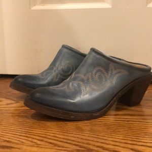 Blue lucchese mules with 2.5 inch heel size 6